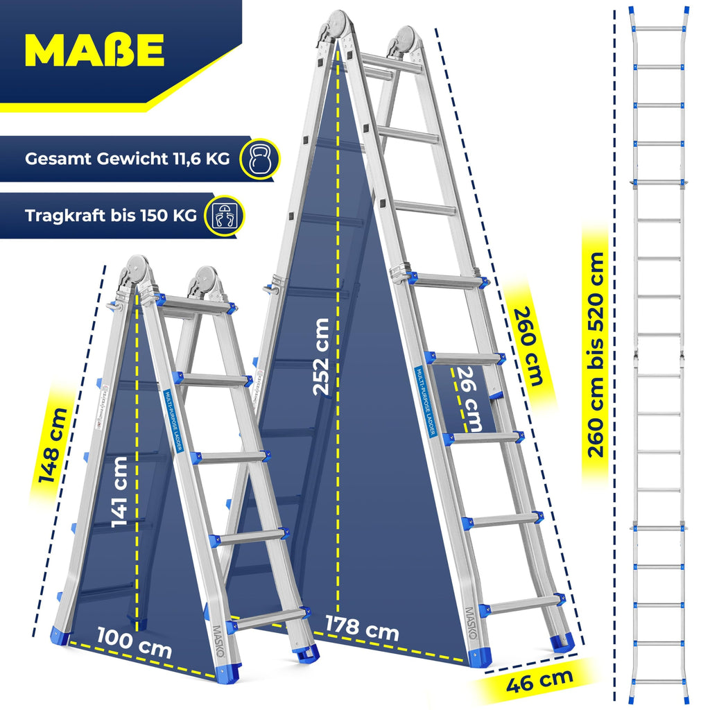 Aluminium Mehrzweckleiter 20 Sprossen 520 cm 150 kg ausziehbar Gelenkleiter Stehleiter Anlegeleiter