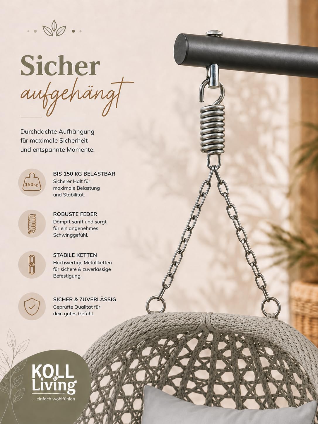 Hängesessel Outdoor Luna in Rattanoptik 103 x 95 cm mit Stahlgestell und Sitzkissen Beige Grau