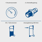 Druckluftkompressor HC51V 50 l 10 bar 1500 W 220 l/min ölfrei mit Druckminderer 2 Schnellkupplungen 13-teiligem Zubehörset und 15 m Schlauch