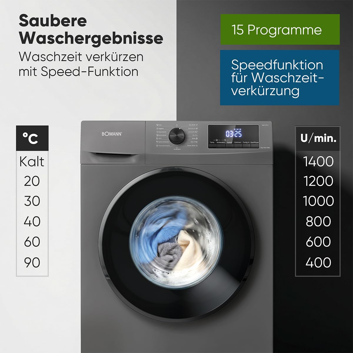 Waschmaschine WA 7175.1 7 kg Invertermotor 1400 U/min 15 Programme Energieeffizienzklasse A LED-Display
