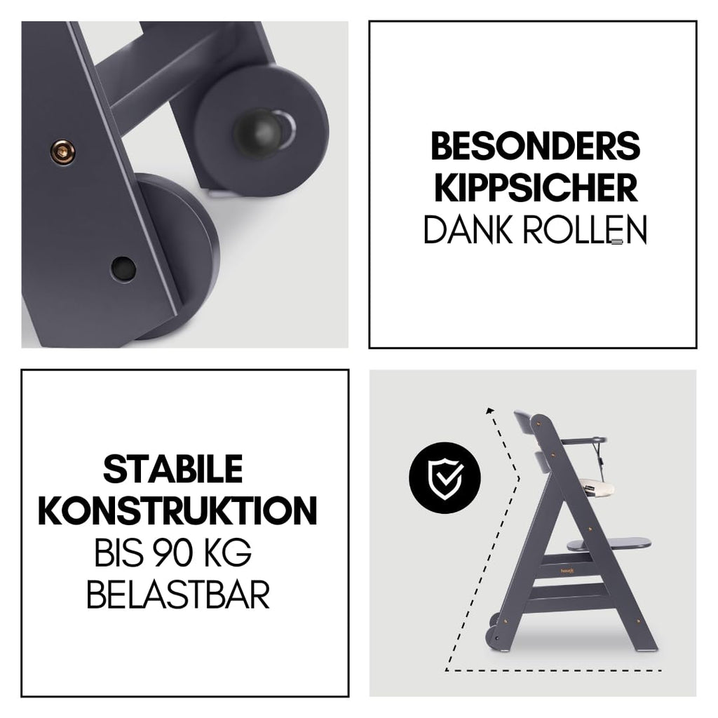 Beta+ Hochstuhl Newborn Set mit Deluxe Bouncer Holz Kinderhochstuhl ab Geburt maximale Belastung 90 kg mit Essbrett und Sitzkissen