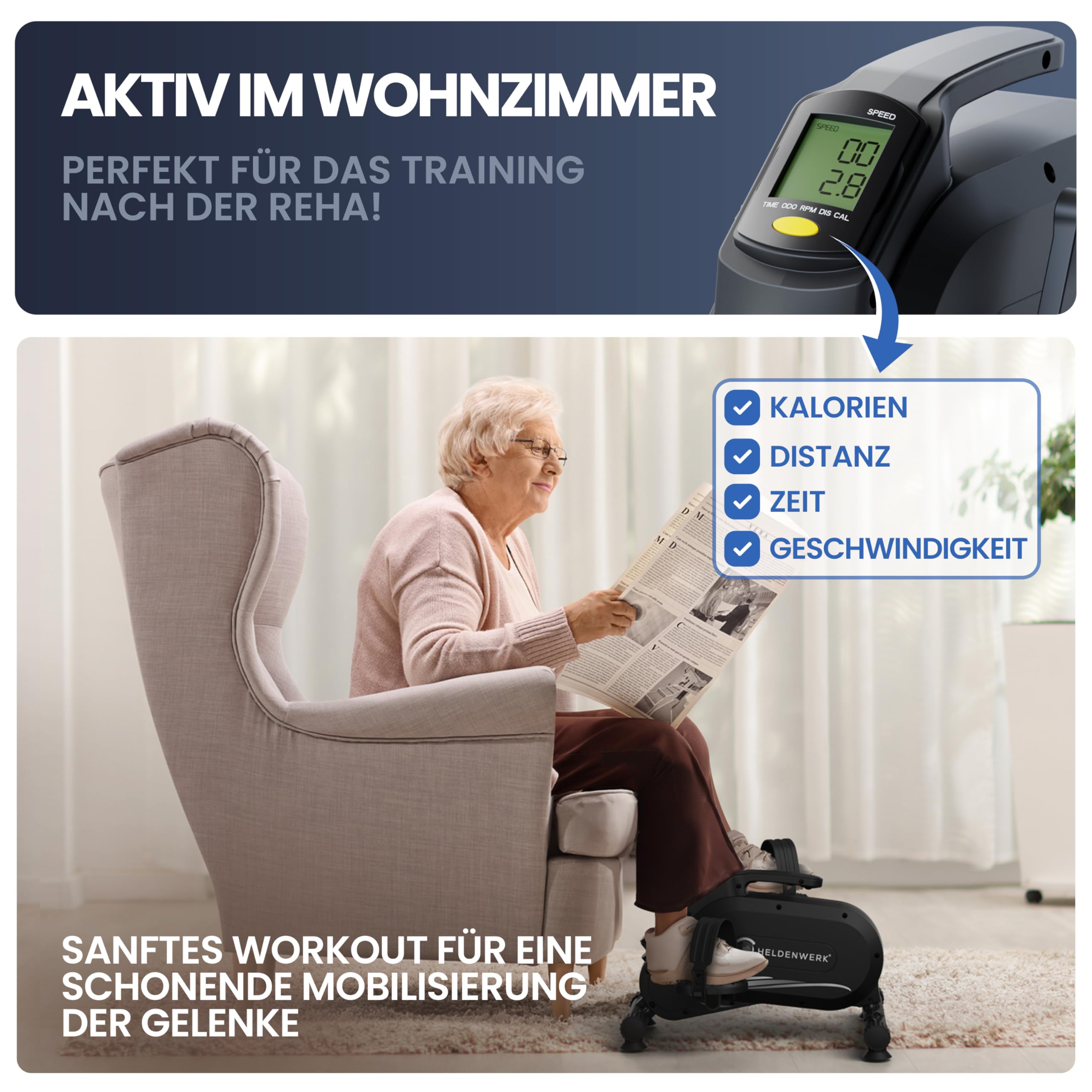 Pedaltrainer Pro Arm- und Beintrainer 8 Widerstandsstufen mit Befestigungsband und Anti-Rutsch-Matte 48 × 30 × 40 cm