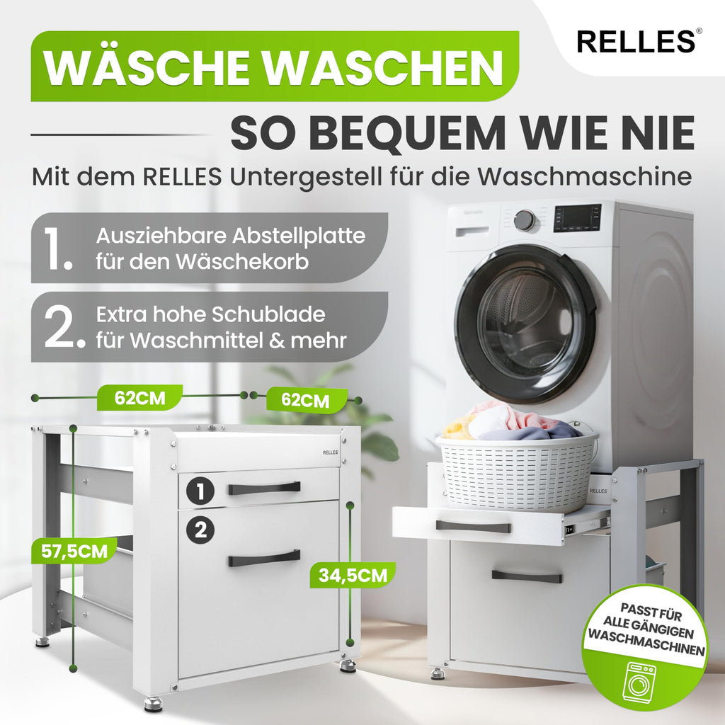 Waschmaschinen Untergestell A007 mit Schublade und Ablage 500 kg Tragkraft 62 x 62 x 57,5 cm höhenverstellbare Füße