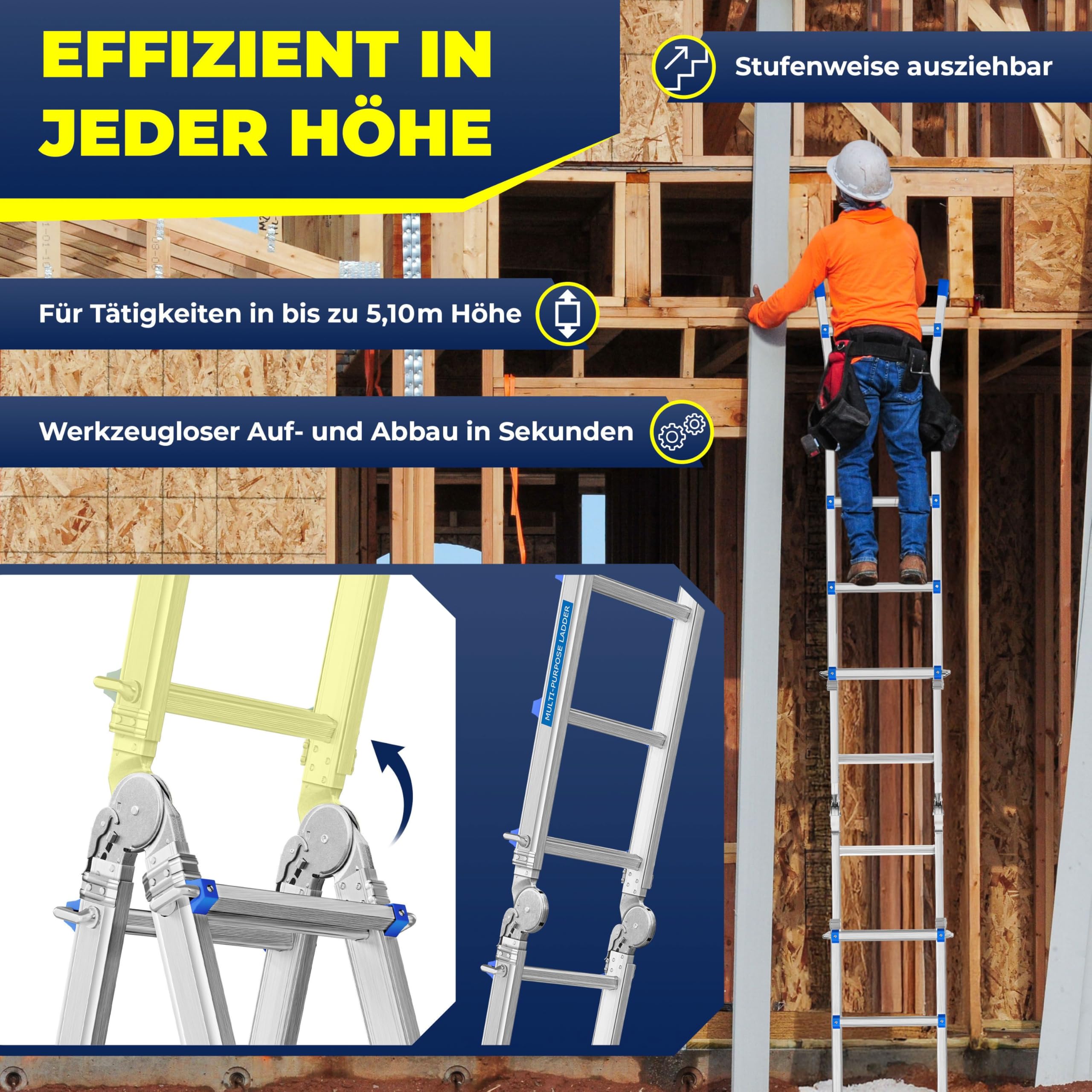 Aluminium Mehrzweckleiter 20 Sprossen 520 cm 150 kg ausziehbar Gelenkleiter Stehleiter Anlegeleiter