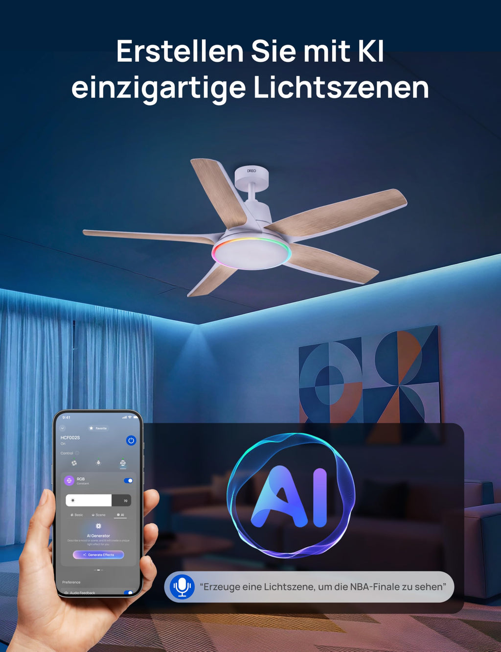 Deckenventilator mit LED Licht 132 cm dimmbar RGB Ambientlicht 54 W DC Motor App Alexa Steuerung