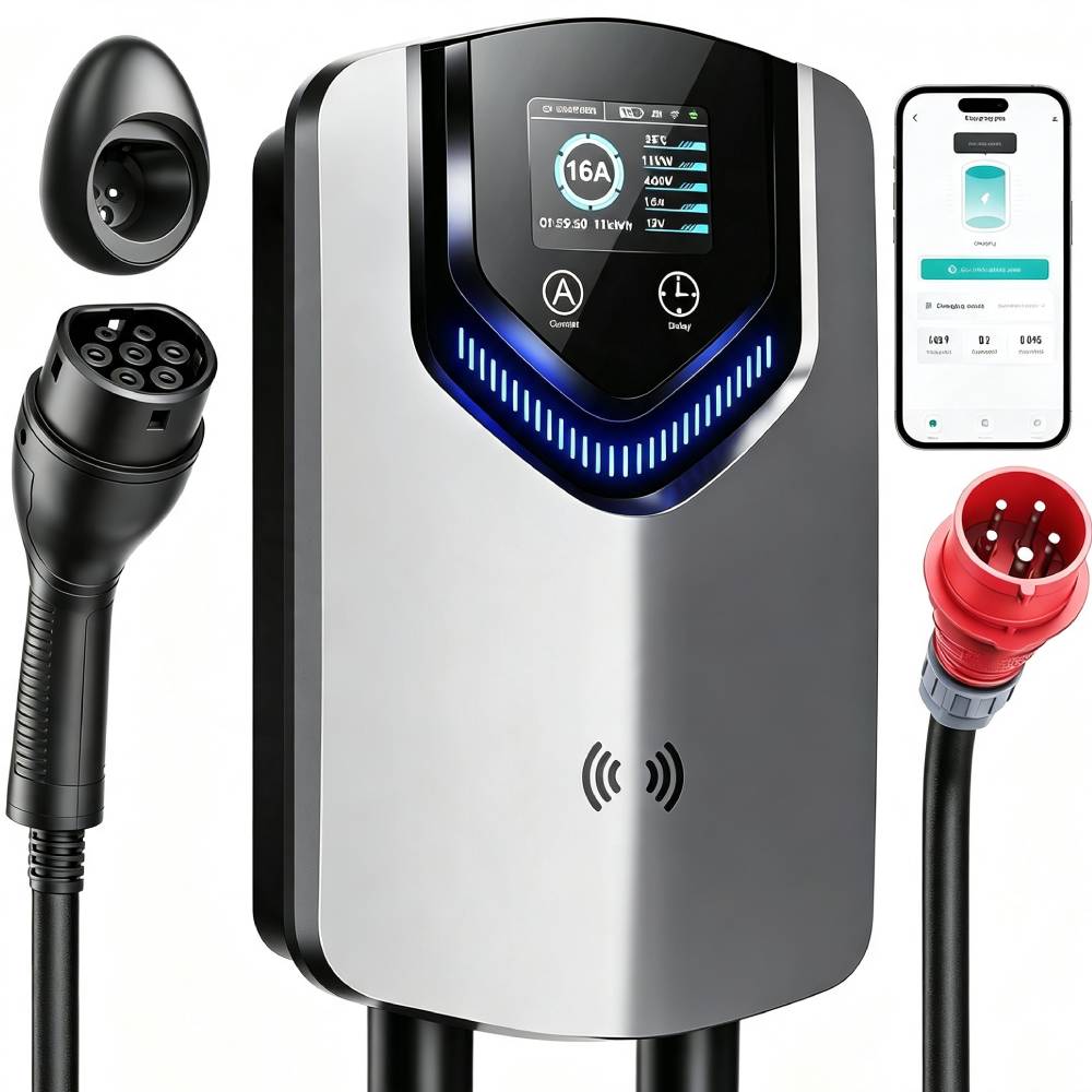 Wallbox 11 kW Typ 2 400 V 16 A 3-phasig 8 m Ladekabel App RFID RCD 30 mA AC 6 mA DC IP65 für BEV PHEV