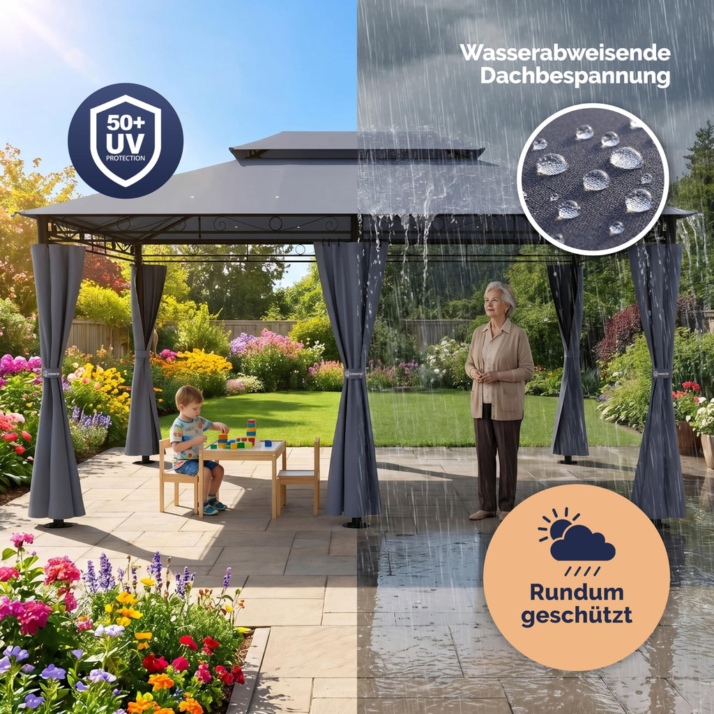 Pavillon 3 x 4 m mit Seitenteilen UV 50+ wasserabweisendes Dach Stahlgestell Dachhaube