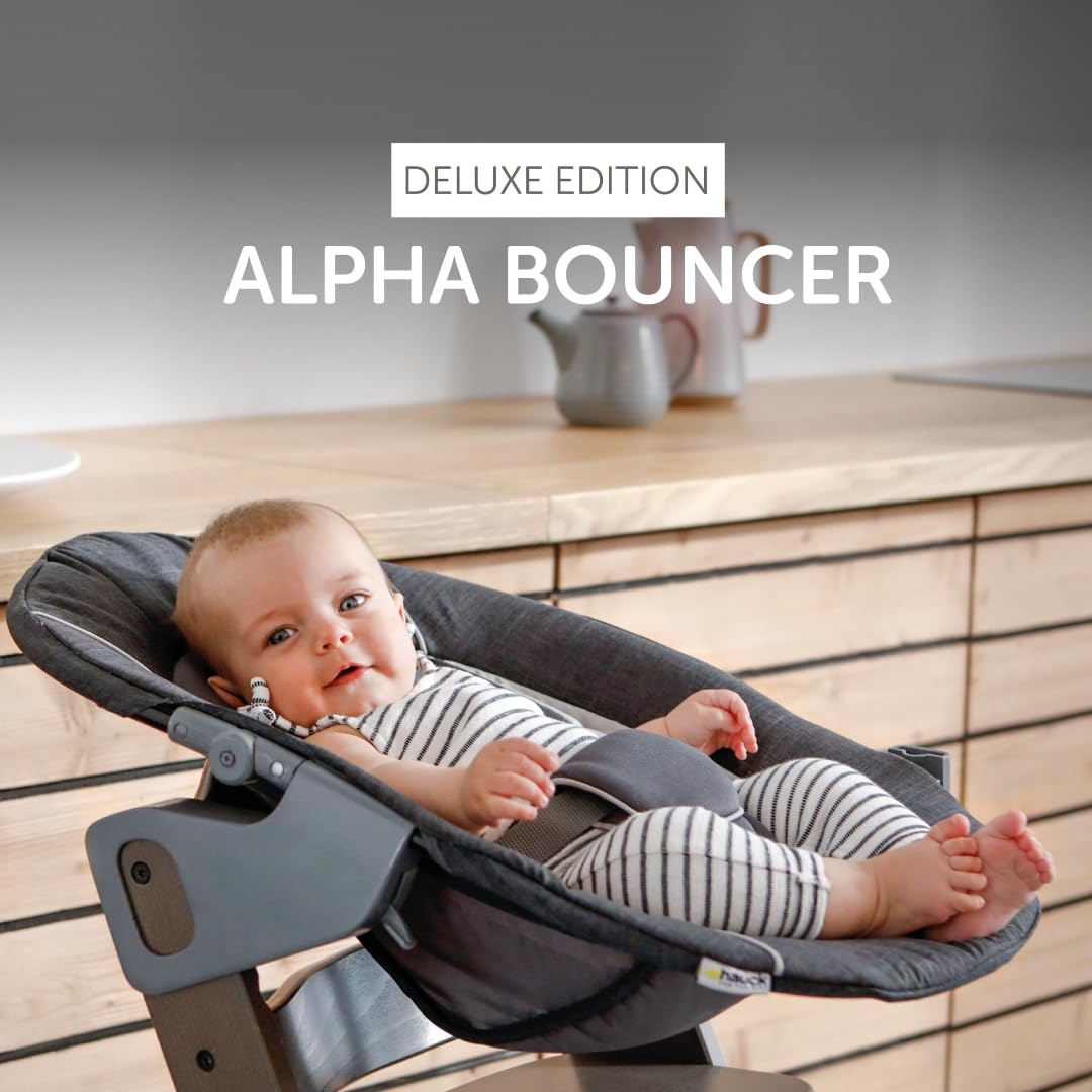 Beta+ Hochstuhl Newborn Set mit Deluxe Bouncer Holz Kinderhochstuhl ab Geburt maximale Belastung 90 kg mit Essbrett und Sitzkissen