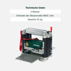 Dickenhobelmaschine DH 330 1800 W 330 mm Hobelbreite 152 mm Durchlasshöhe mit 2 HSS-Wendemessern und Absaugstutzen