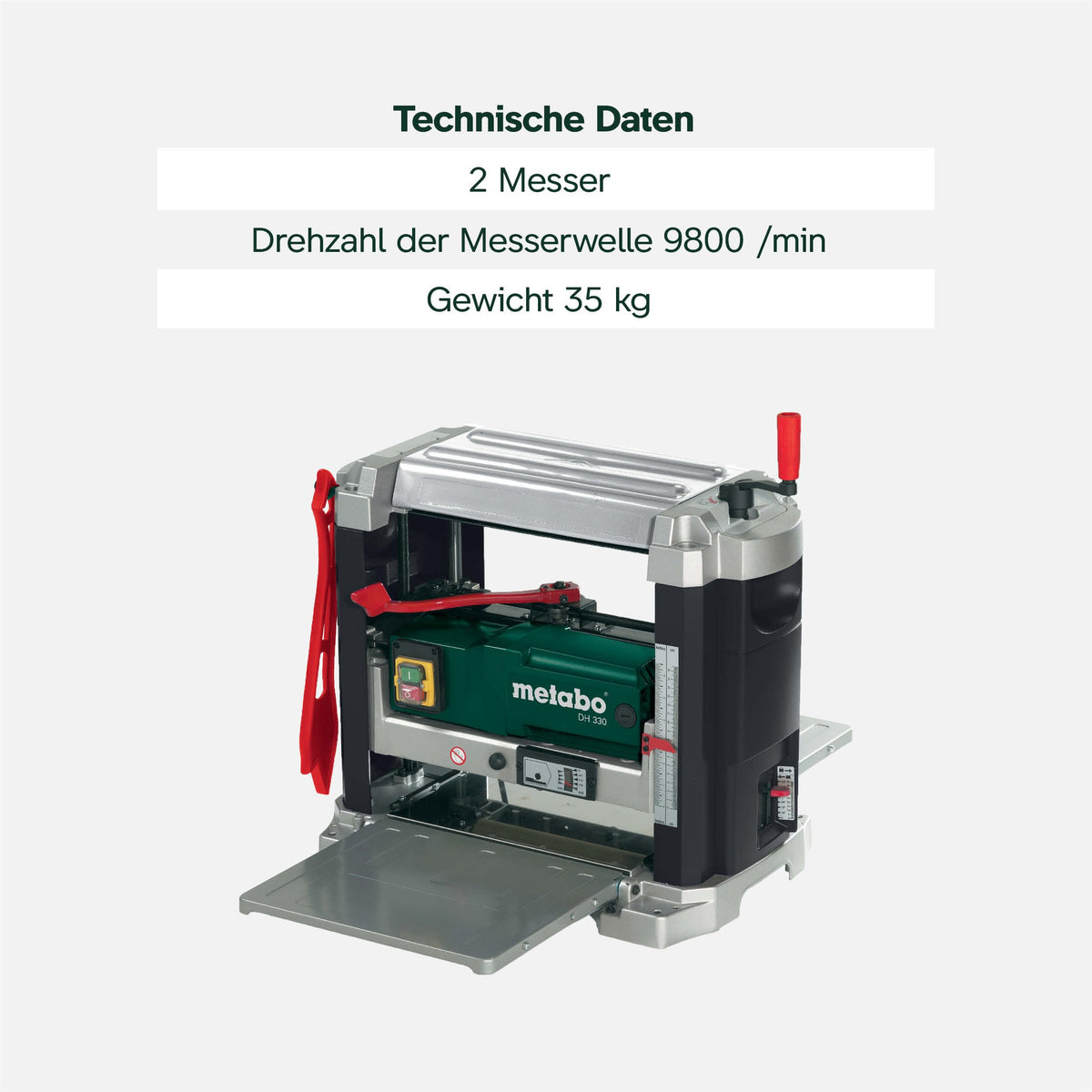 Dickenhobelmaschine DH 330 1800 W 330 mm Hobelbreite 152 mm Durchlasshöhe mit 2 HSS-Wendemessern und Absaugstutzen