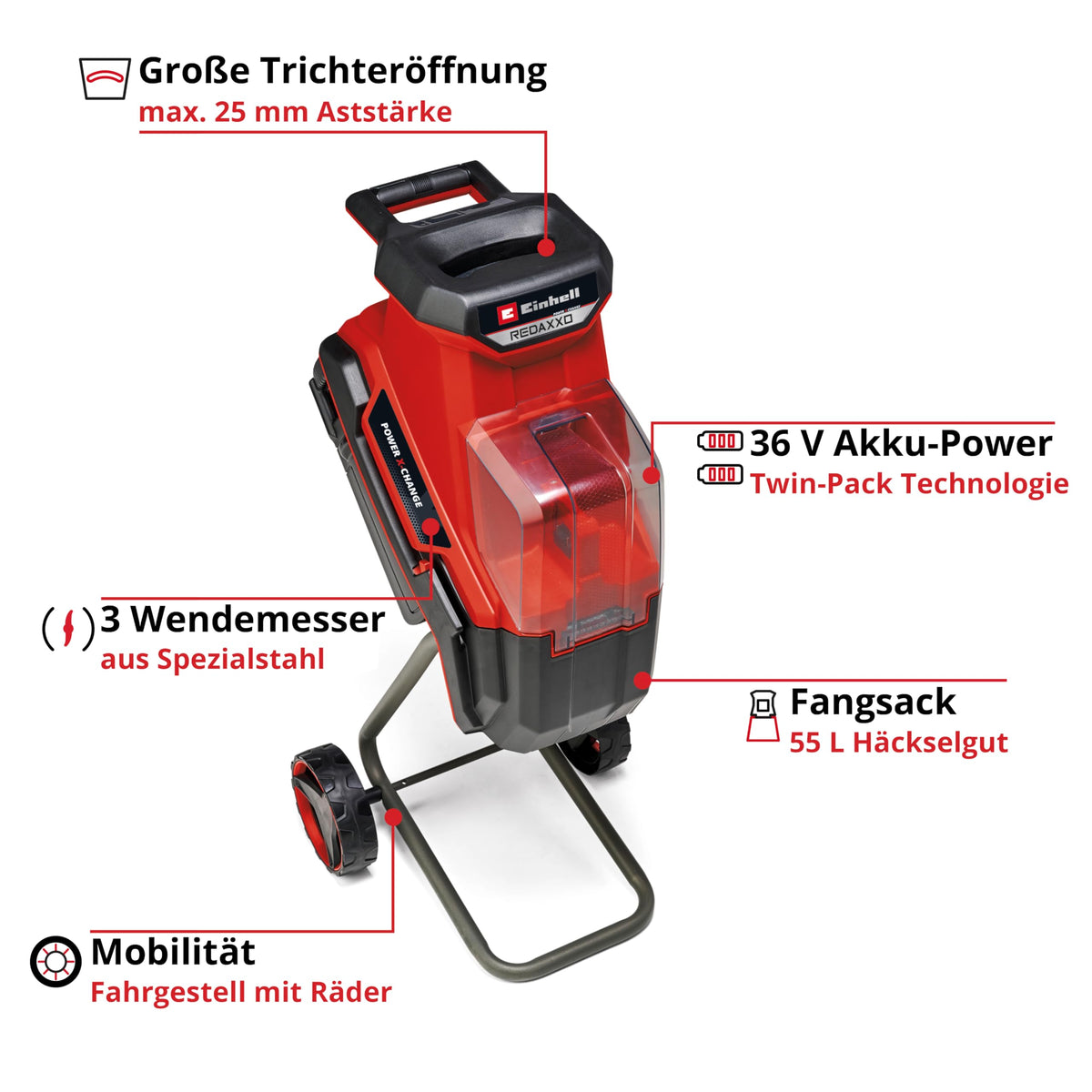 Akku-Messerhäcksler REDAXXO 36/25 36 V für Äste bis 25 mm mit 3 Wendemessern 55 L Fangsack