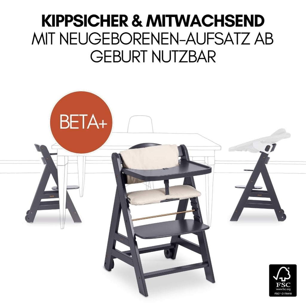 Beta+ Hochstuhl Newborn Set mit Deluxe Bouncer Holz Kinderhochstuhl ab Geburt maximale Belastung 90 kg mit Essbrett und Sitzkissen
