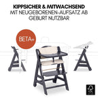 Beta+ Hochstuhl Newborn Set mit Deluxe Bouncer Holz Kinderhochstuhl ab Geburt maximale Belastung 90 kg mit Essbrett und Sitzkissen