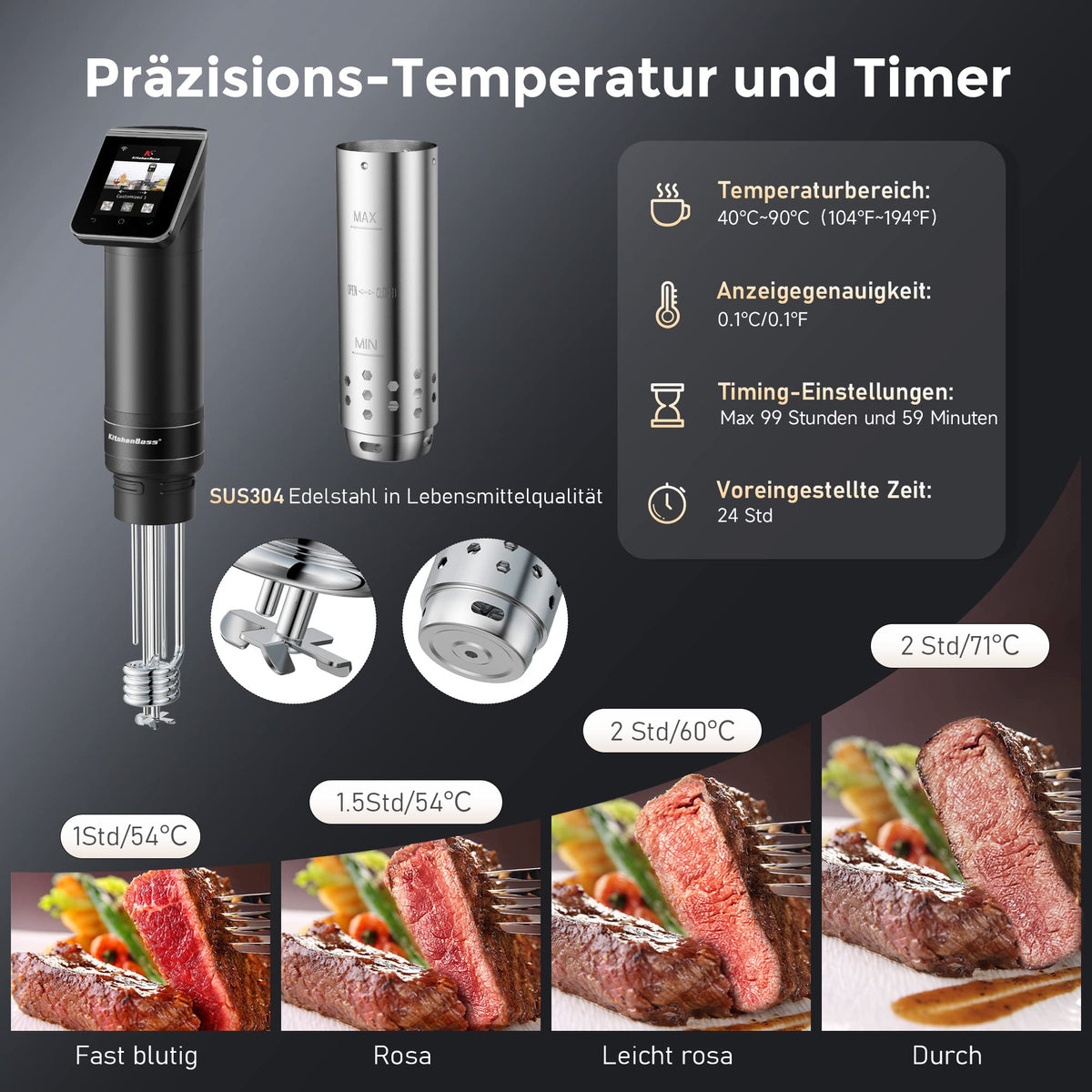 Sous-Vide-Garer G330 WLAN 1100 W 40–90 °C IPX7 Wasserdicht TFT-Touchdisplay 360° Zirkulation 50 l