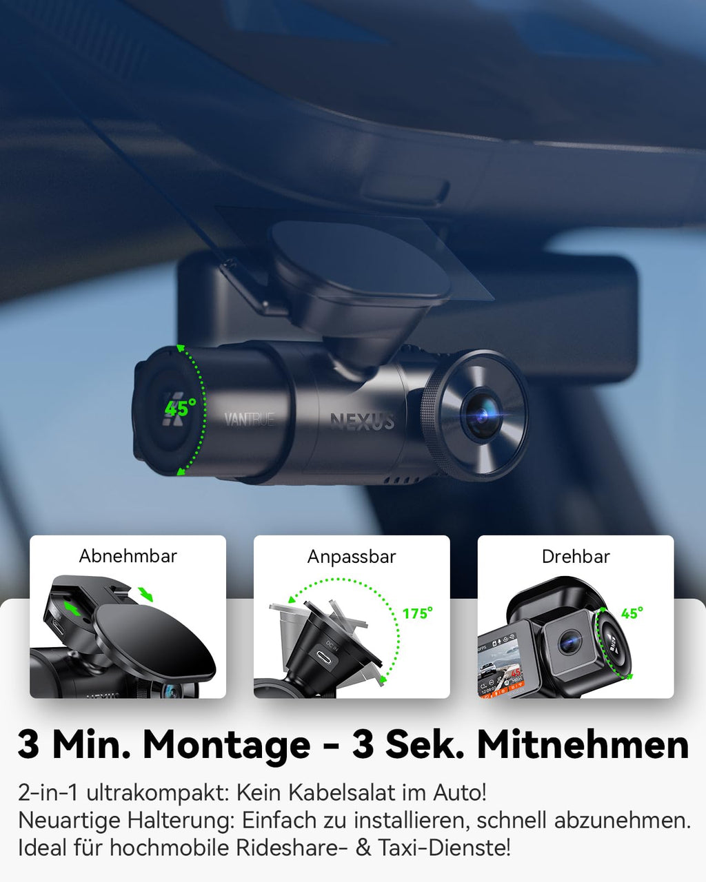 2K Dashcam N2X Dualkamera 2.5K 60FPS vorne und 1080P innen STARVIS 2 HDR 5GHz WLAN GPS Nachtsicht Sprachsteuerung