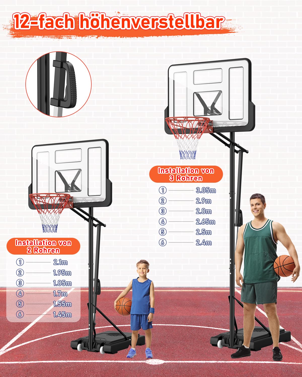 Höhenverstellbarer Basketballkorb LM052 145–305 cm mit 110 x 75 cm Rückwand Rollen und befüllbarer Standbasis