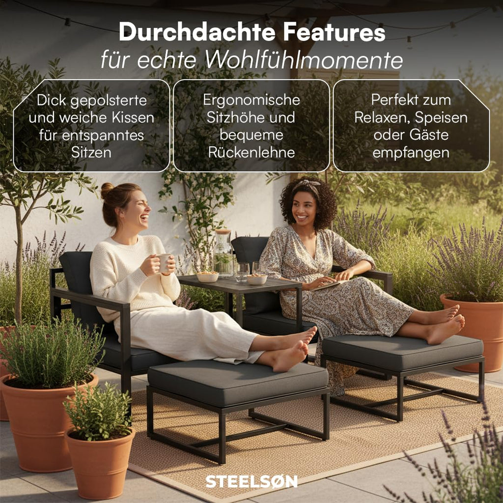 Gartenmöbel Set 5-teilig mit 2 Sesseln 2 Hockern 1 Tisch Metallgestell wetterfest für 2-4 Personen