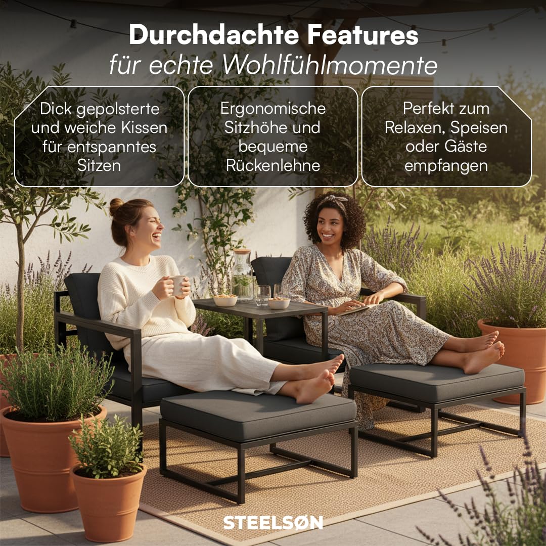Gartenmöbel Set 5-teilig mit 2 Sesseln 2 Hockern 1 Tisch Metallgestell wetterfest für 2-4 Personen