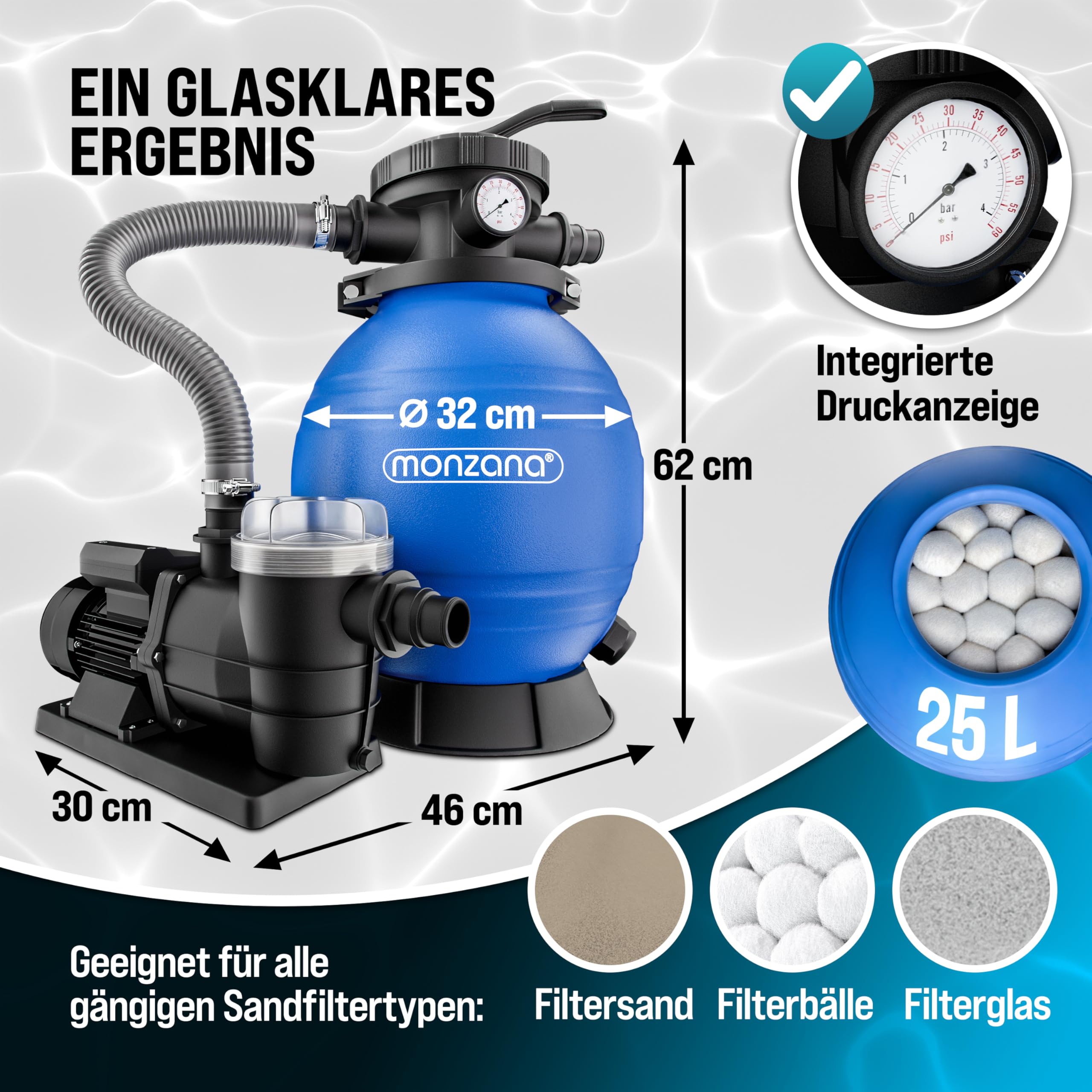 Sandfilteranlage SF96K 9600 l/h 400 W für Pools bis 30000 l mit 25 l Filterkessel 7-Wege-Ventil und Filterbällen