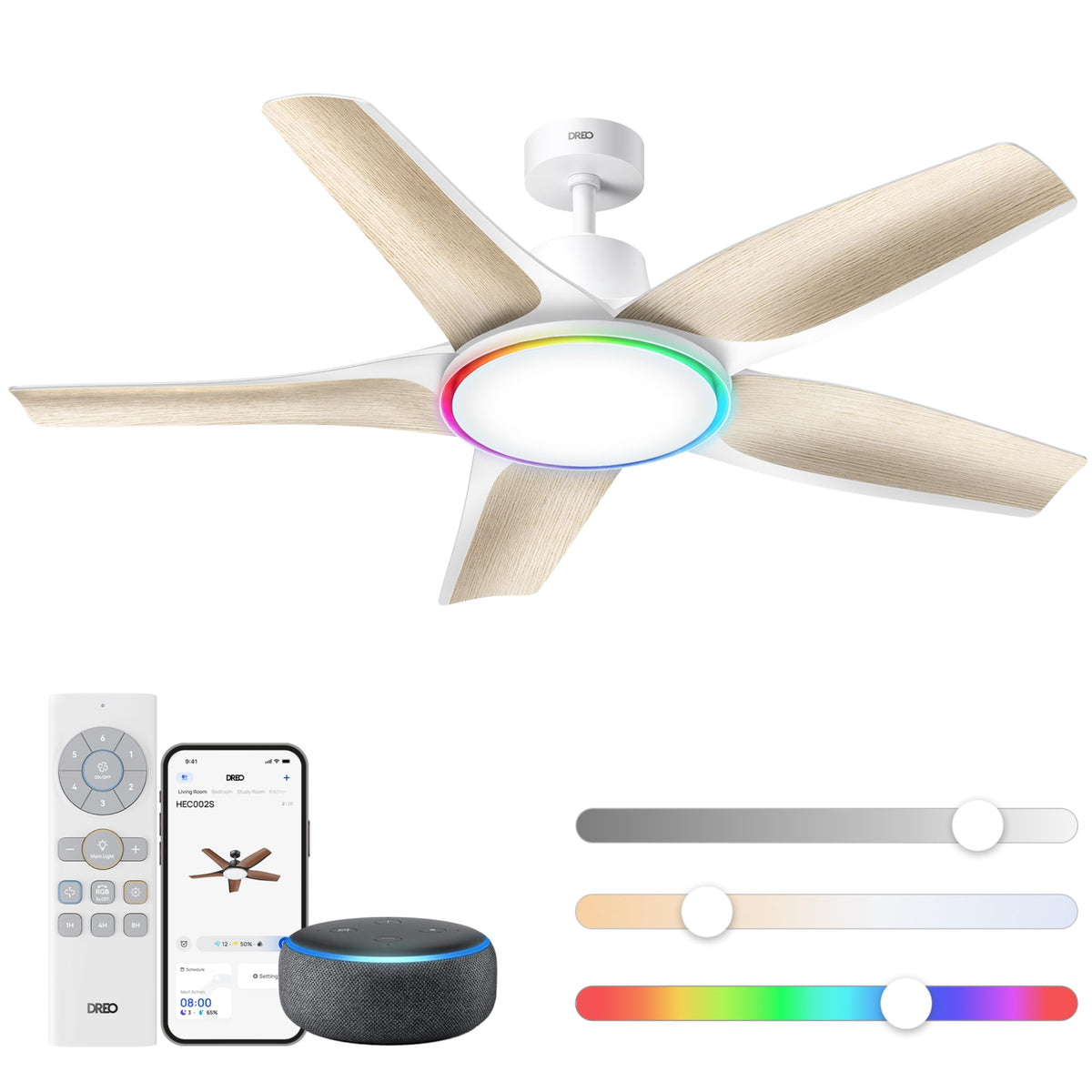 Deckenventilator mit LED Licht 132 cm dimmbar RGB Ambientlicht 54 W DC Motor App Alexa Steuerung