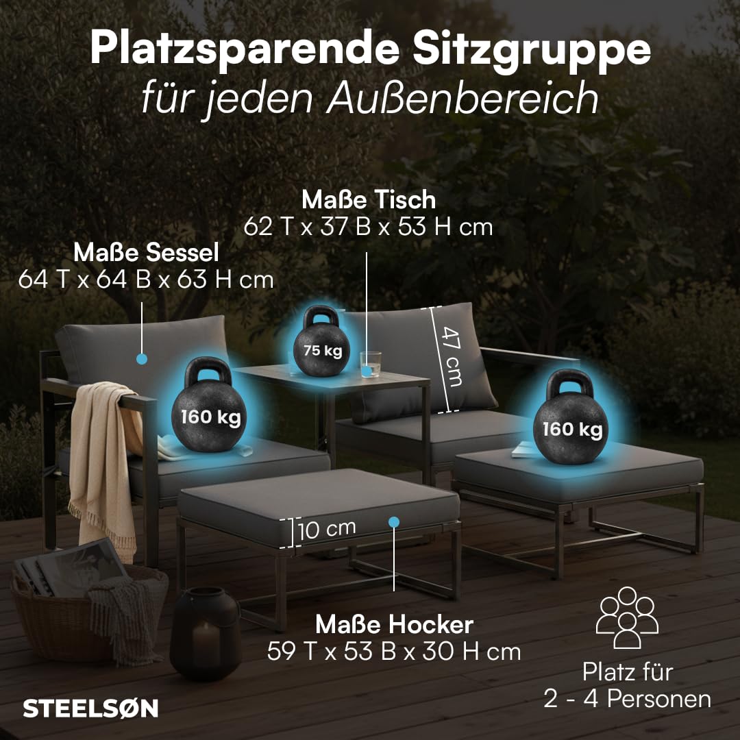 Gartenmöbel Set 5-teilig mit 2 Sesseln 2 Hockern 1 Tisch Metallgestell wetterfest für 2-4 Personen