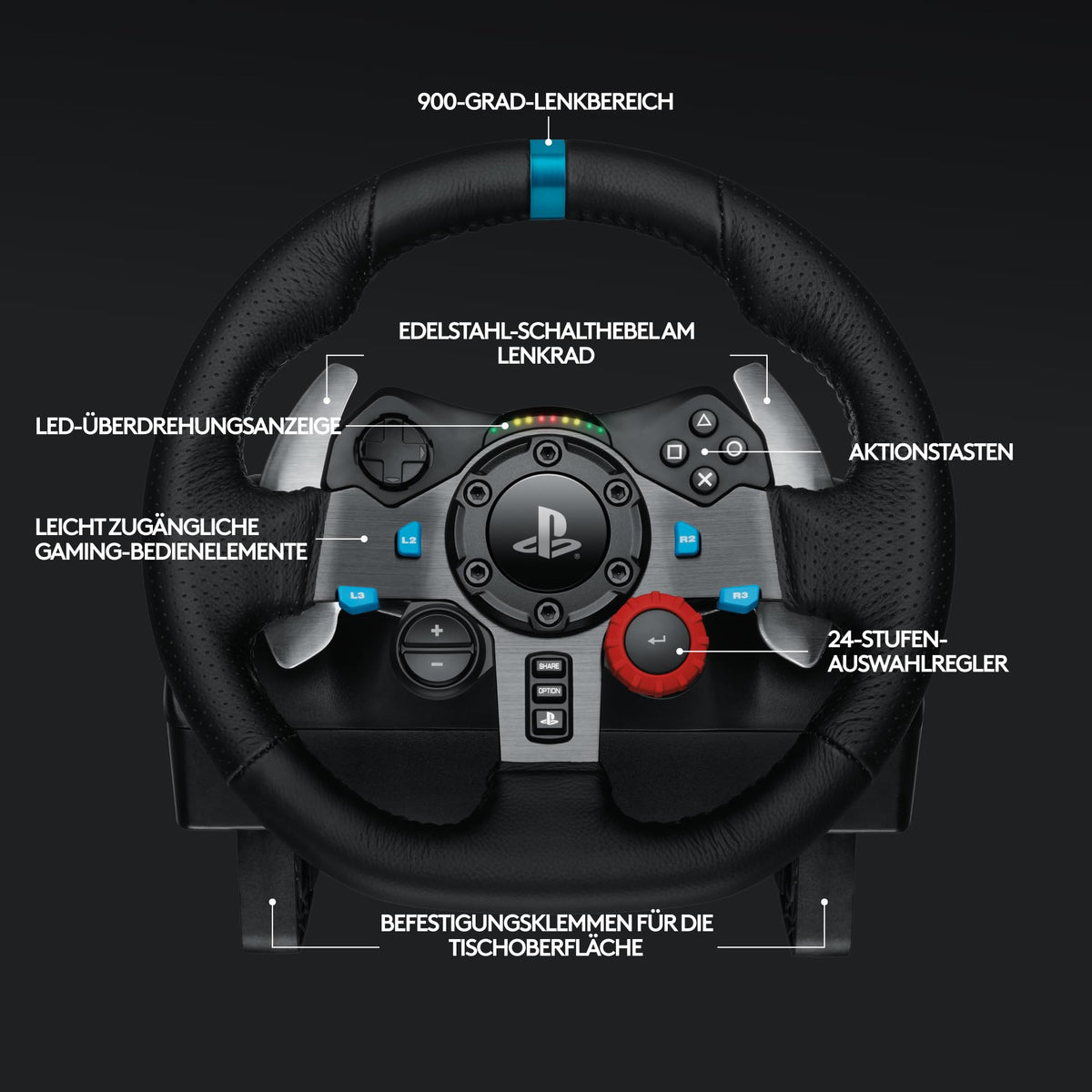 Gaming Rennlenkrad G29 mit 900° Lenkbereich Force Feedback Edelstahlpedalen und Leder-Lenkrad für PS5 PS4 PC Mac