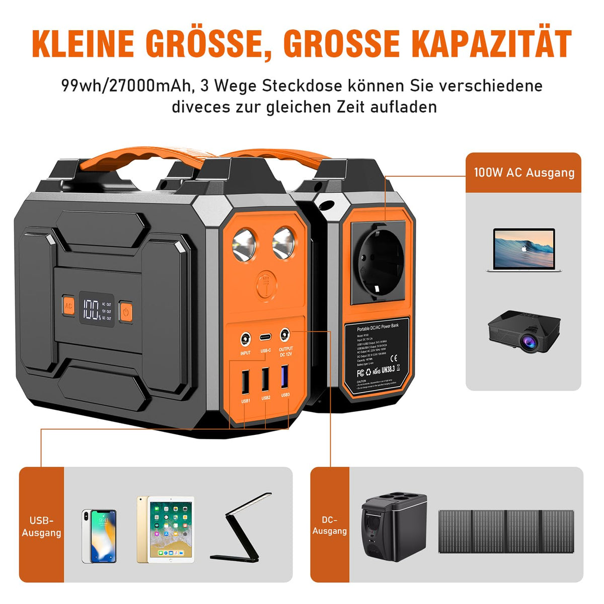 Tragbare Powerstation R100 99 Wh mit 100 W AC Ausgang 18 W USB-C und 40 W faltbarem Solarpanel