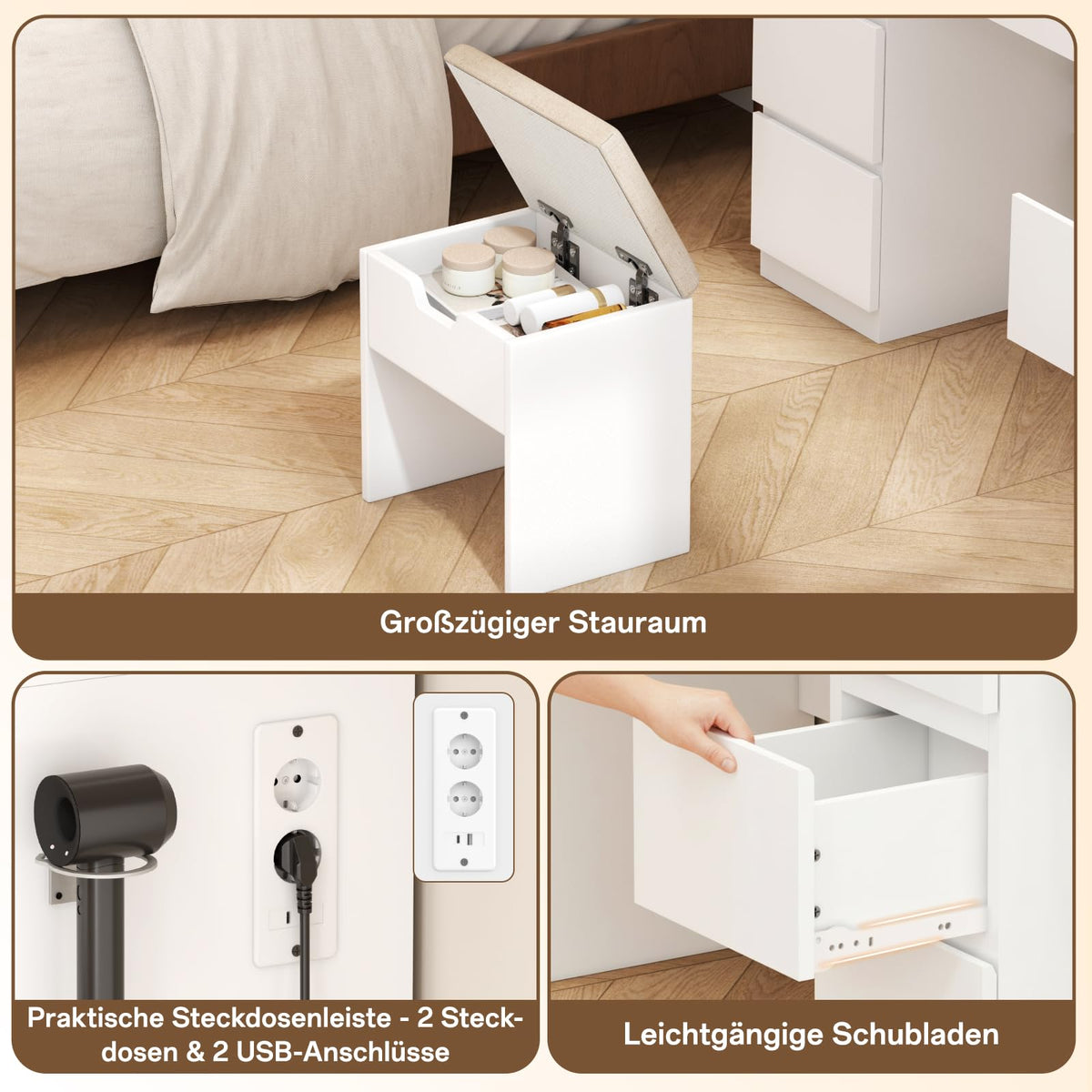 Schminktisch mit LED Spiegel TR-0884 115 x 40 x 139 cm 7 Schubladen 3 Lichtfarben mit Steckdosen und Hocker