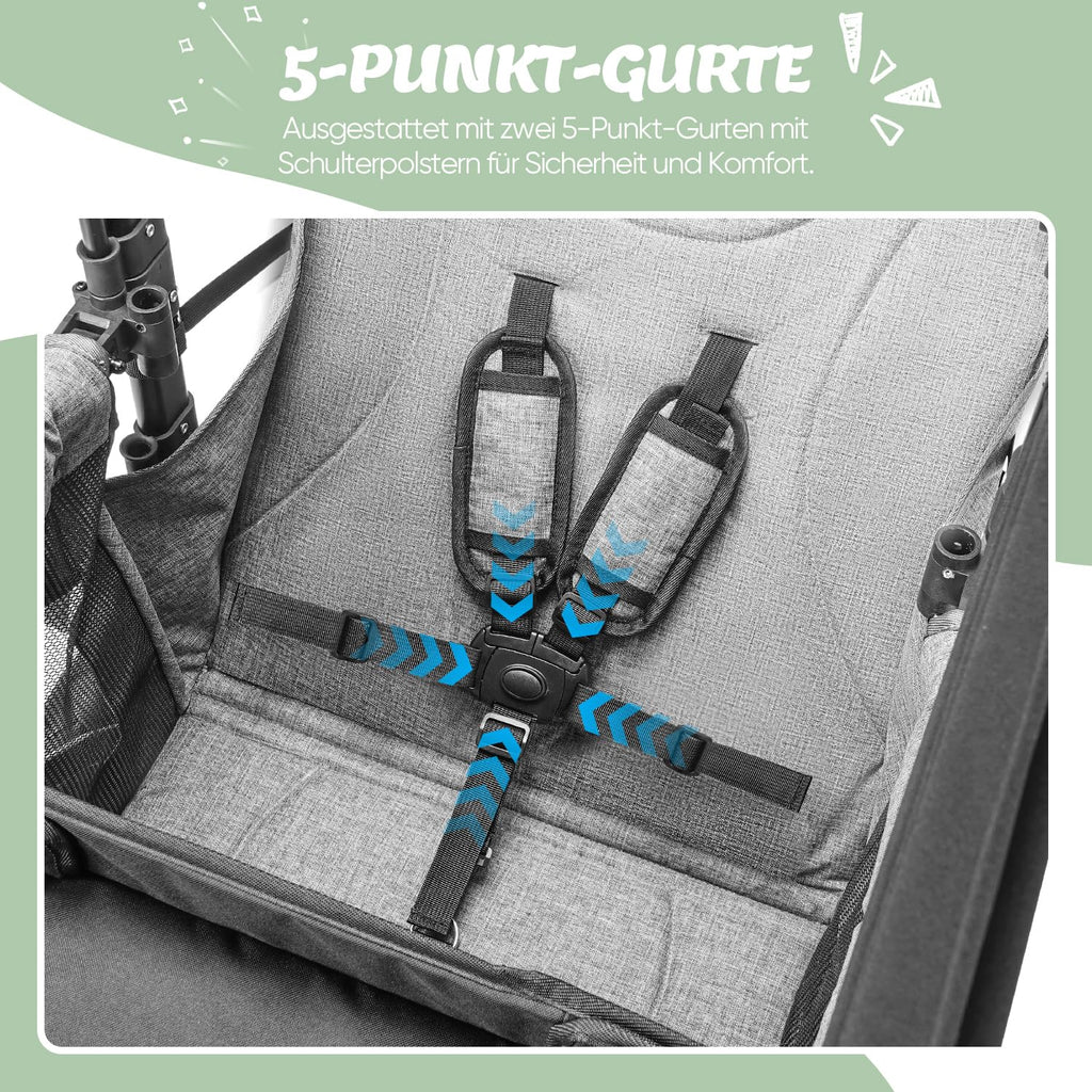 Faltbarer Bollerwagen RO-02 für 2 Kinder mit Dach 5-Punkt-Gurt PU-Rädern Snacktablett und Aluminiumrahmen Grau