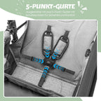 Faltbarer Bollerwagen RO-02 für 2 Kinder mit Dach 5-Punkt-Gurt PU-Rädern Snacktablett und Aluminiumrahmen Grau