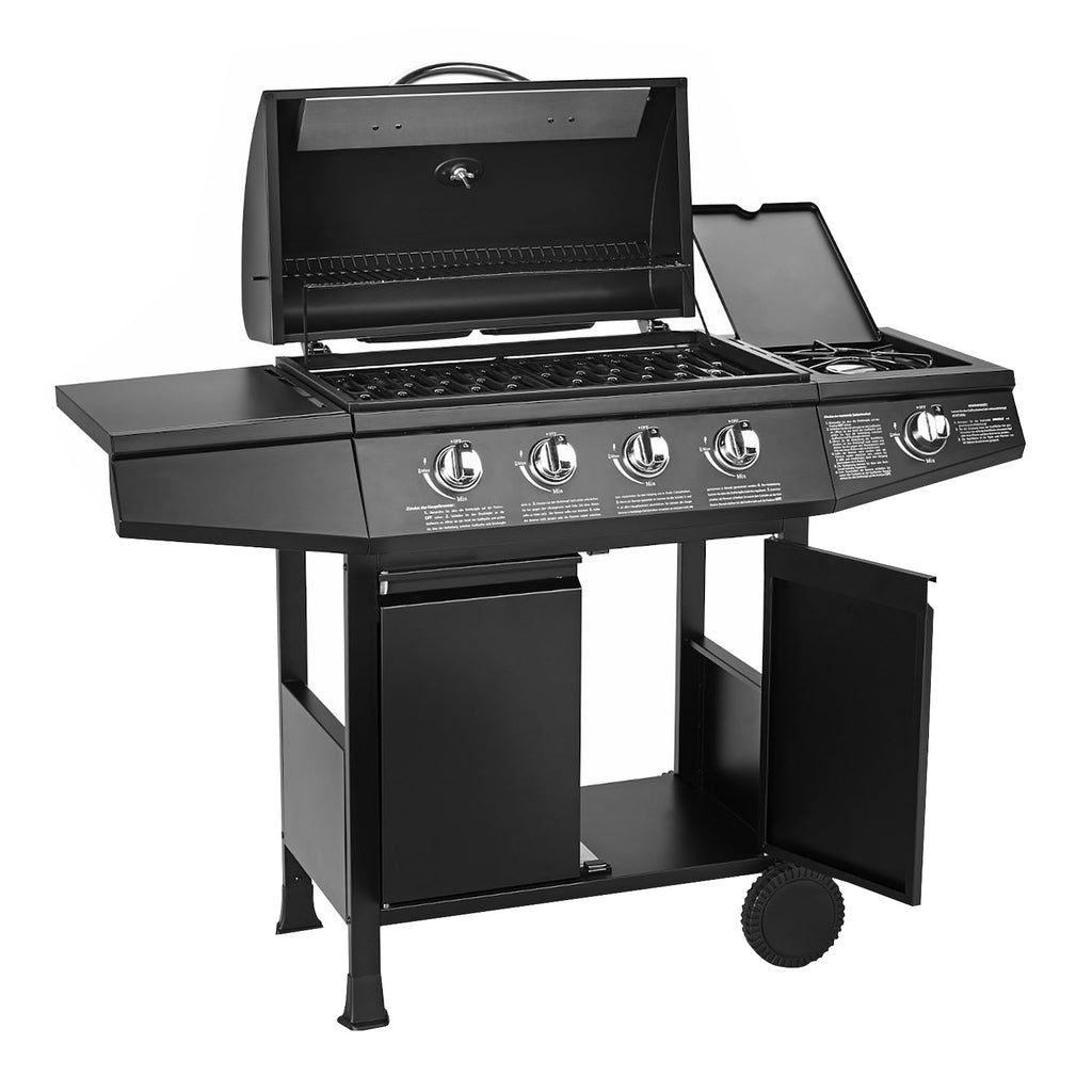 Gasgrill Grillwagen BASIC 4+1 mit 4 Edelstahlbrennern 1 Seitenkocher und 61 x 32 cm Grillfläche