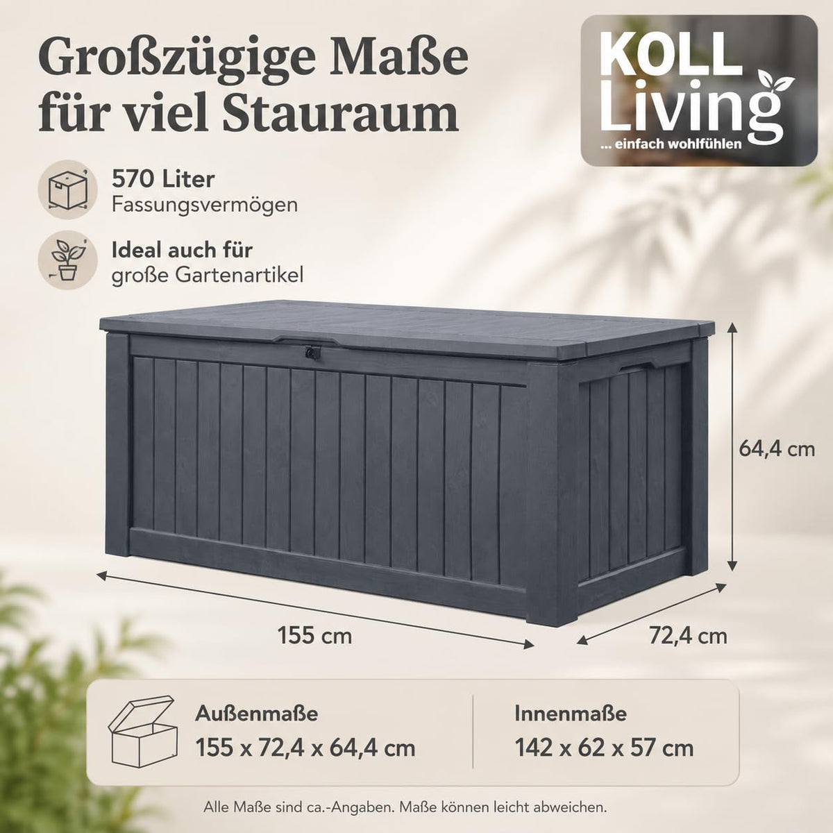 Auflagenbox 570 Liter wasserdicht mit Belüftung 155 x 72,4 x 64,4 cm Holzoptik Gasdruckfeder Anthrazit