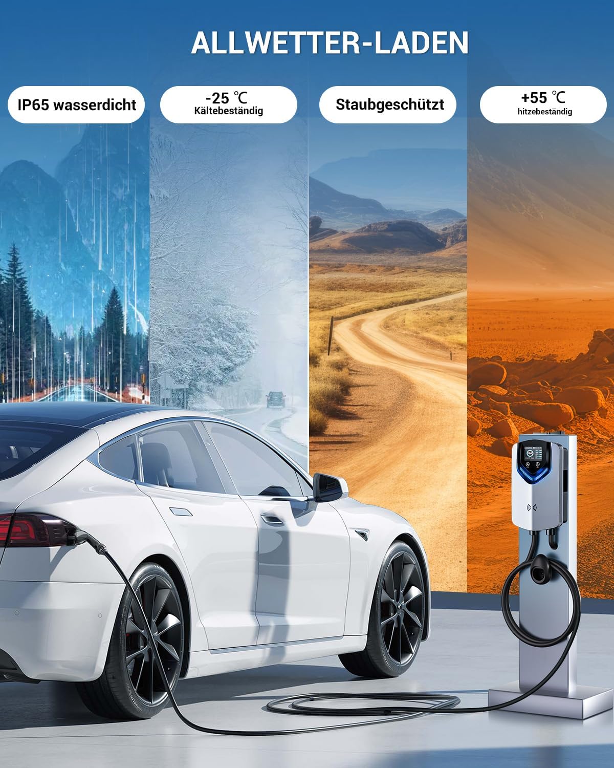 Wallbox 11 kW Typ 2 400 V 16 A 3-phasig 8 m Ladekabel App RFID RCD 30 mA AC 6 mA DC IP65 für BEV PHEV