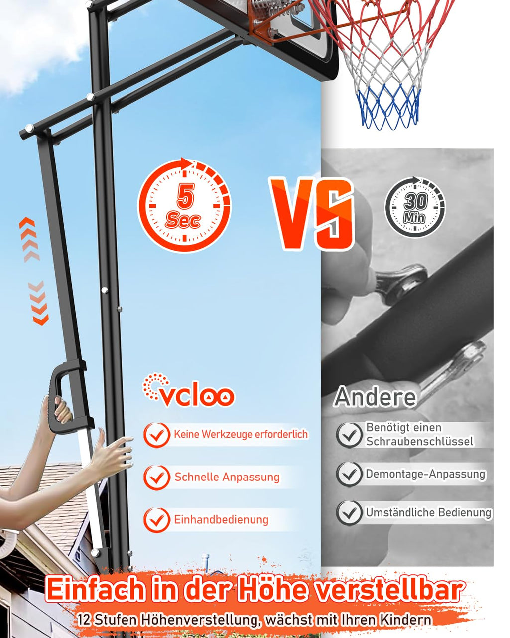 Höhenverstellbarer Basketballkorb LM052 145–305 cm mit 110 x 75 cm Rückwand Rollen und befüllbarer Standbasis