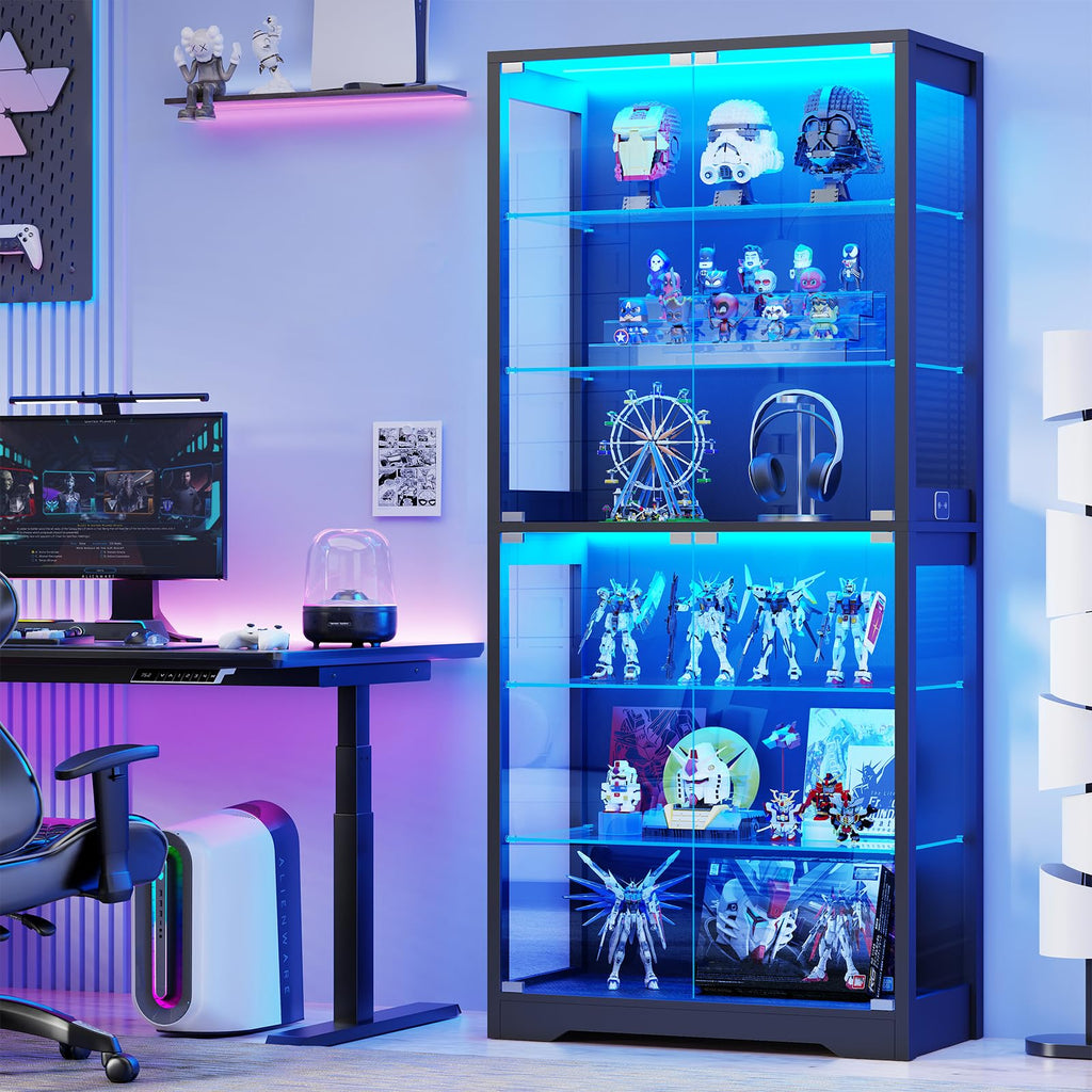 Vitrine mit Glastür BD019B 180 cm 6 Ebenen Beleuchtung verstellbare Glasböden für Sammlerstücke