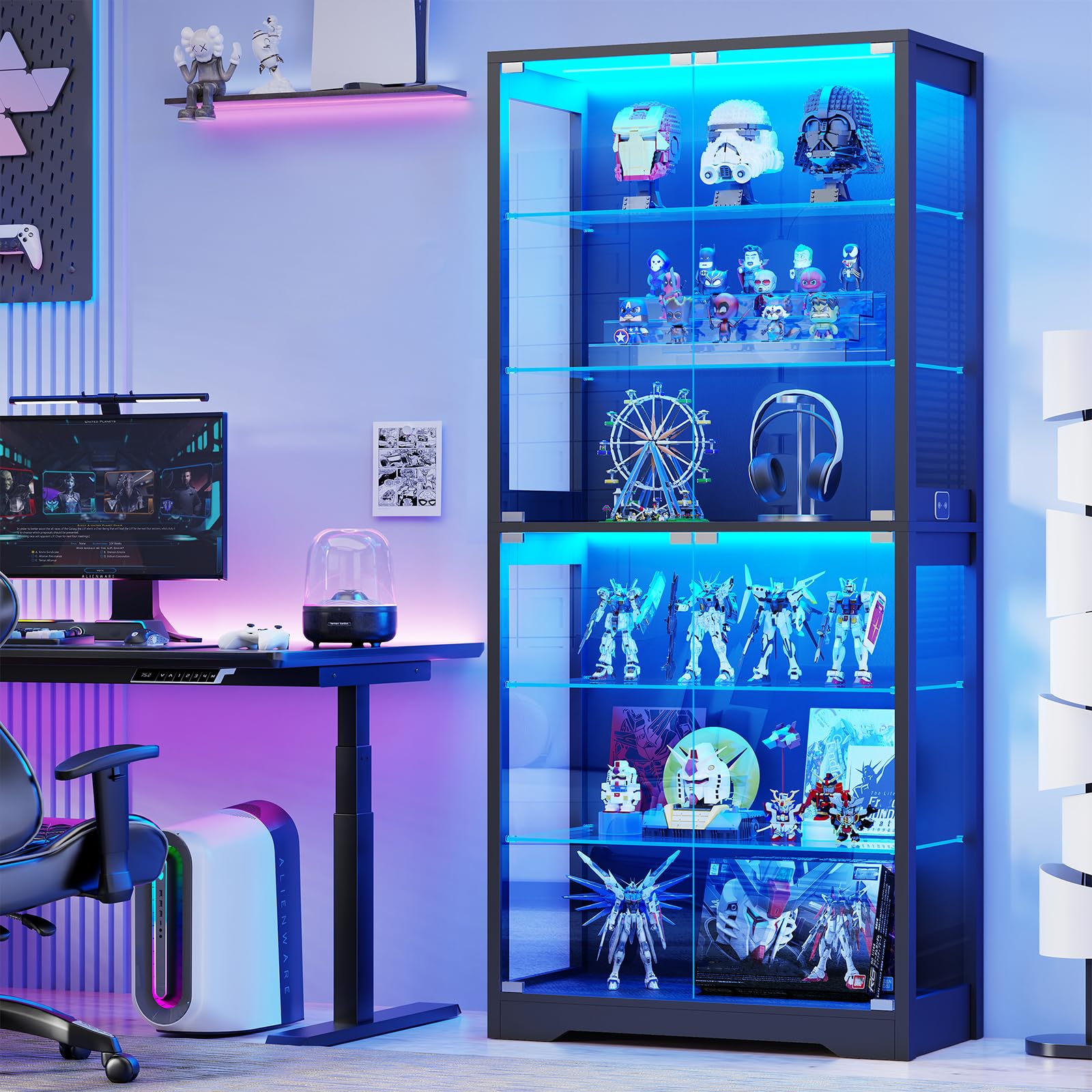 Vitrine mit Glastür BD019B 180 cm 6 Ebenen Beleuchtung verstellbare Glasböden für Sammlerstücke