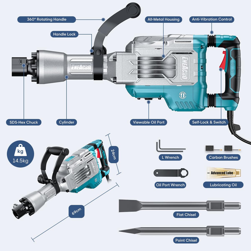Abbruchhammer Z1G-DS-107HC 1700 W SDS-Hex 65 J mit 360° Drehgriff und Vibrationsdämpfung 2 Meißel Transportkoffer