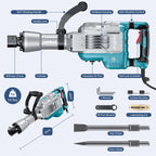 Abbruchhammer Z1G-DS-107HC 1700 W SDS-Hex 65 J mit 360° Drehgriff und Vibrationsdämpfung 2 Meißel Transportkoffer
