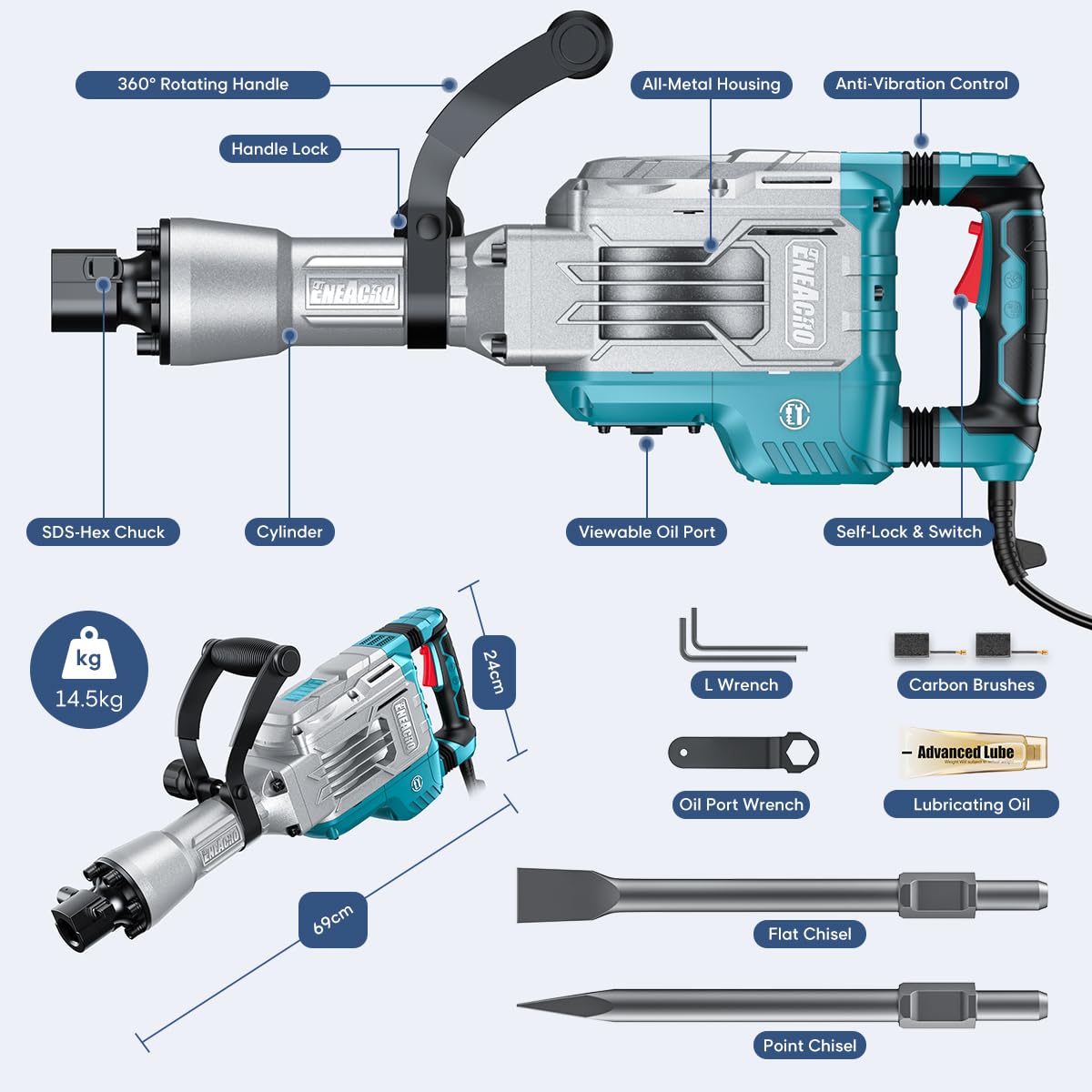 Abbruchhammer Z1G-DS-107HC 1700 W SDS-Hex 65 J mit 360° Drehgriff und Vibrationsdämpfung 2 Meißel Transportkoffer