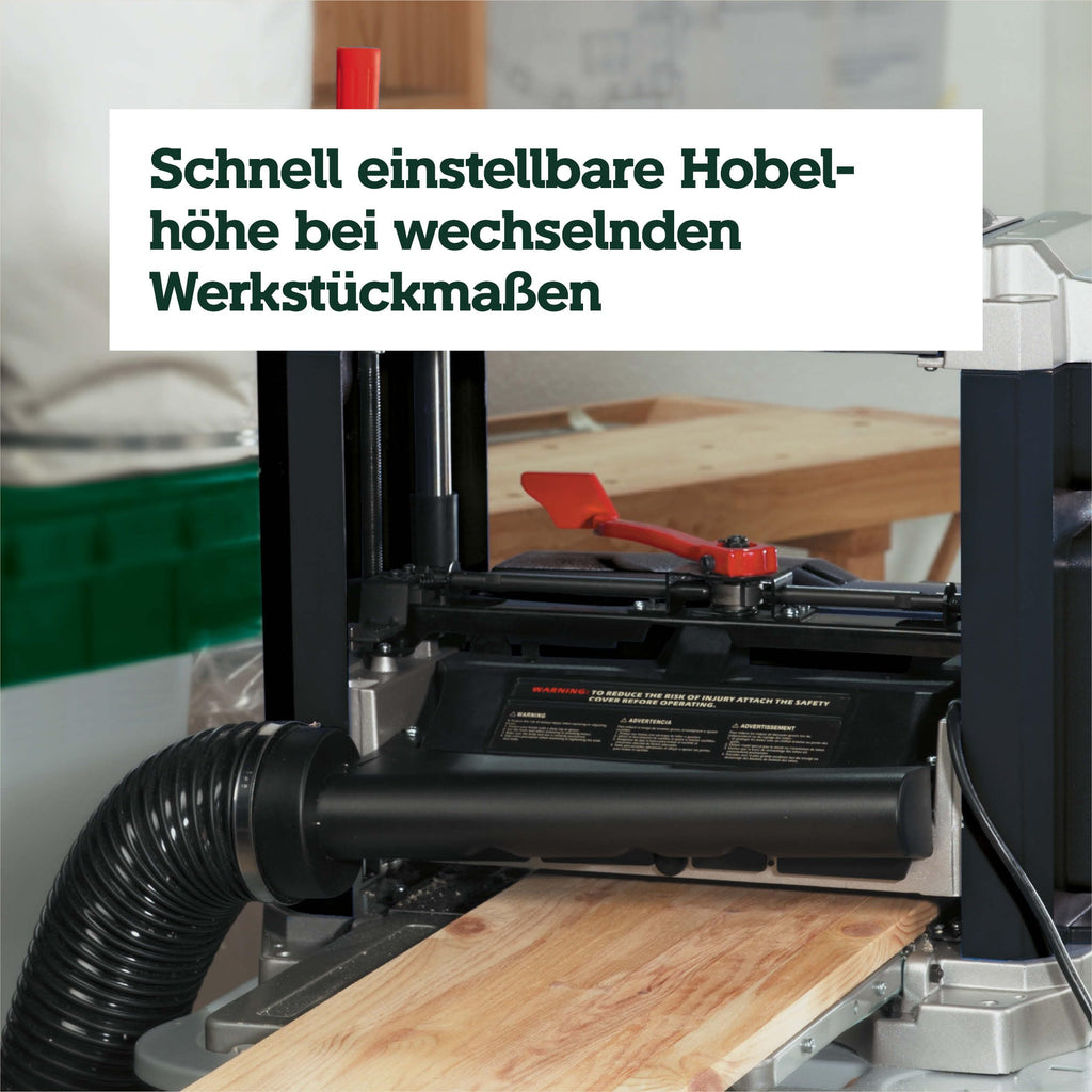 Dickenhobelmaschine DH 330 1800 W 330 mm Hobelbreite 152 mm Durchlasshöhe mit 2 HSS-Wendemessern und Absaugstutzen