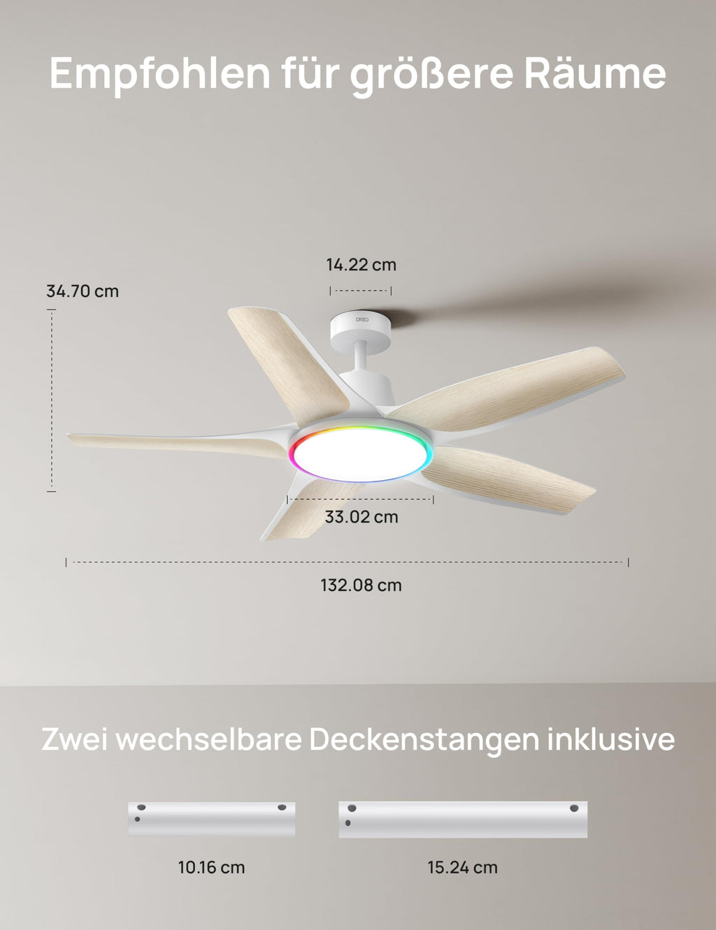Deckenventilator mit LED Licht 132 cm dimmbar RGB Ambientlicht 54 W DC Motor App Alexa Steuerung