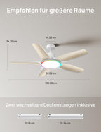 Deckenventilator mit LED Licht 132 cm dimmbar RGB Ambientlicht 54 W DC Motor App Alexa Steuerung