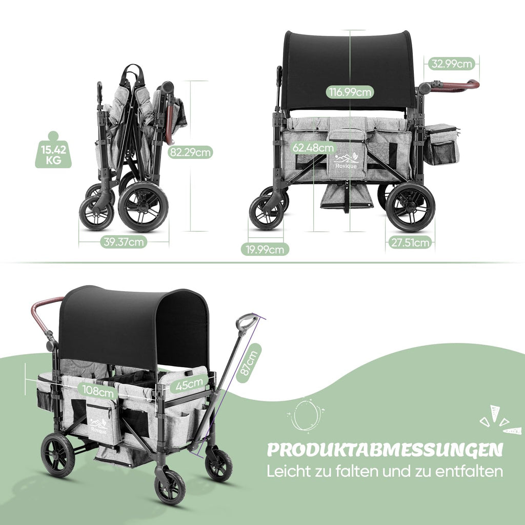 Faltbarer Bollerwagen RO-02 für 2 Kinder mit Dach 5-Punkt-Gurt PU-Rädern Snacktablett und Aluminiumrahmen Grau