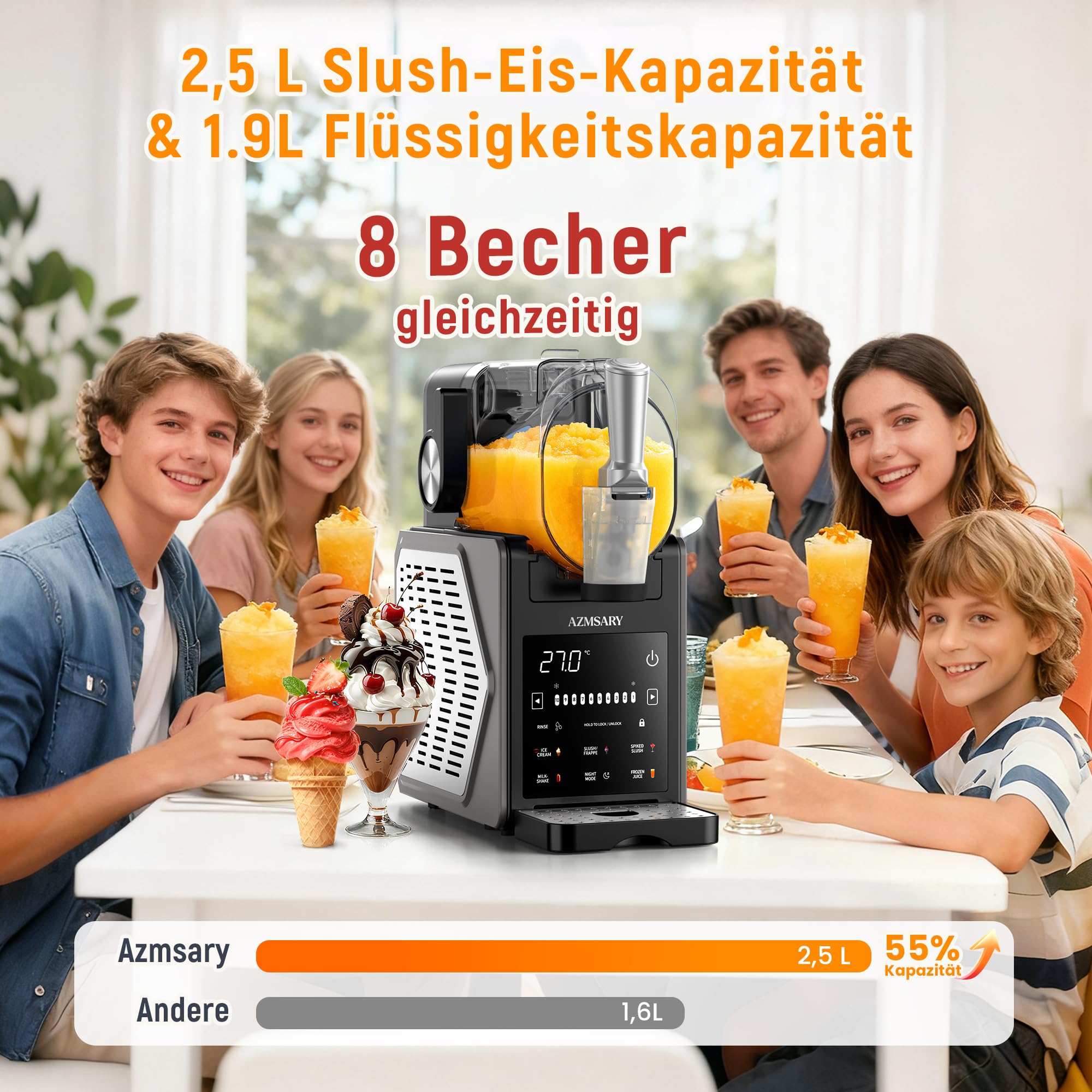 Slush Maschine 2,5 L mit 6 Programmen LED-Display Kompressor Selbstreinigung Keep Cool Funktion Modell FS306
