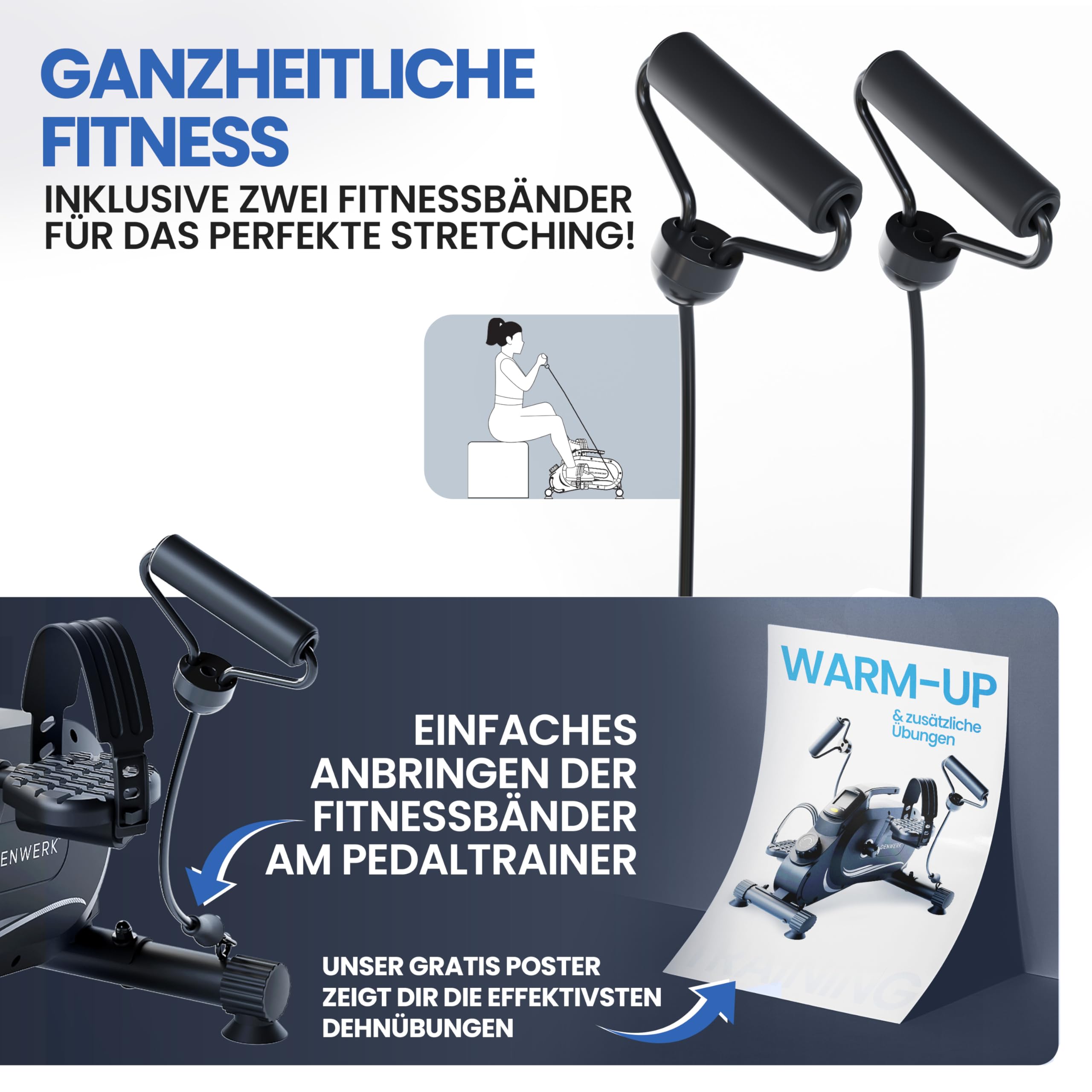 Pedaltrainer Pro Arm- und Beintrainer 8 Widerstandsstufen mit Befestigungsband und Anti-Rutsch-Matte 48 × 30 × 40 cm