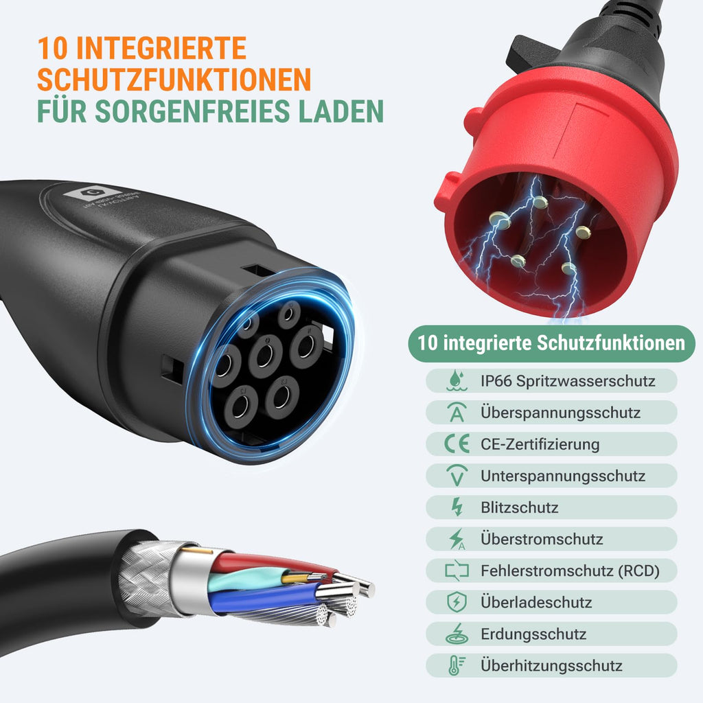 Mobile Wallbox 11kW mit App 400V 16A 3-phasig 7,6m Typ 2 Ladekabel CEE IP66 OLED Wandmontage für E-Autos