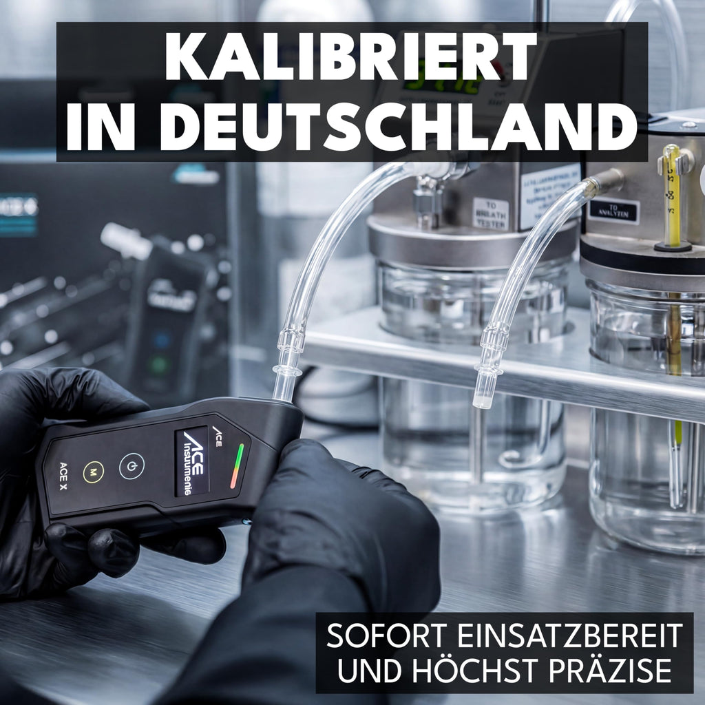 Alkoholtester ACE X mit elektrochemischem Sensor 0,05 Promille Abweichung 6 Mundstücke Transporttasche und 2 AAA-Batterien