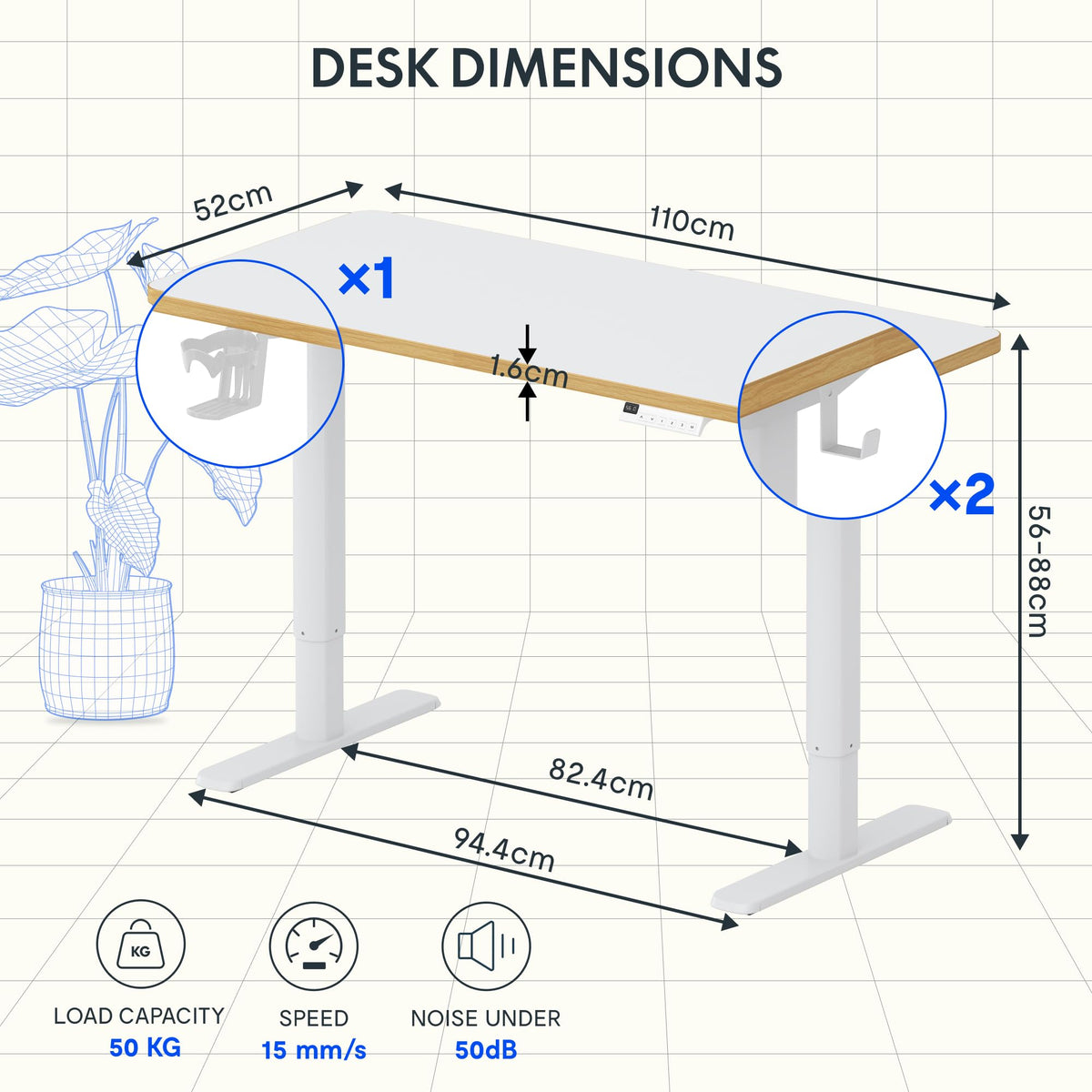 Kinderschreibtisch elektrisch höhenverstellbar SK1 110 × 52 cm 56–88 cm mit LED-Anzeige 3 Speicherplätzen Becherhalter und 2 Haken