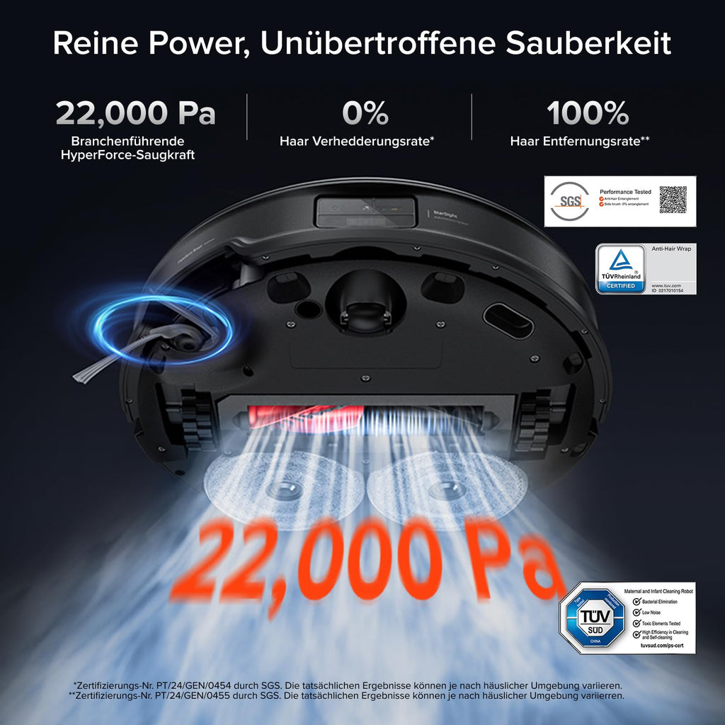 Saugroboter mit Wischfunktion Saros 10R 22000 Pa 7,98 cm Bauhöhe 192 Min Laufzeit App-Steuerung StarSight System 2.0 Zero-Tangle