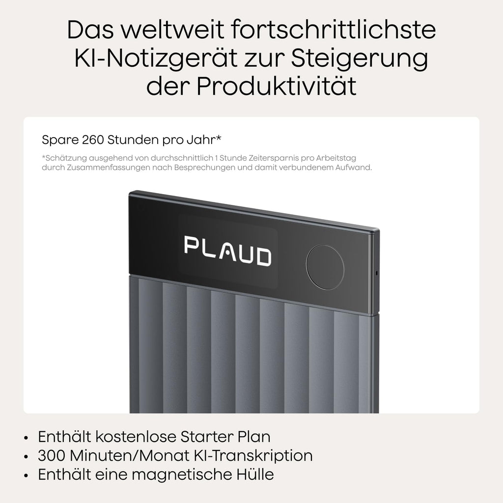 KI-Diktiergerät Note Pro 64 GB 50 Std Aufnahmezeit Bluetooth WAV Dual-Modus 5 m Aufnahmebereich 4 MEMS Mikrofone 1 VPU Mikrofon 112 Sprachen